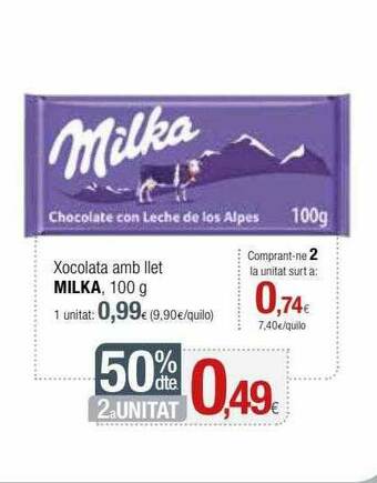 Condis 50% Dte. 2a Unitat Xocolata Amb Llet Milka oferta