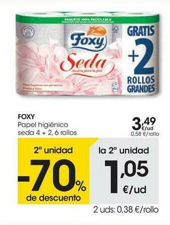 Eroski 2a Unidad -70% De Descuento Foxy Papel Higiénico Seda 4 + 2 6 Rollos oferta