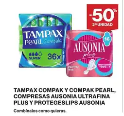 Supercor Tampax compak y compak pearl, compresas ausonia ultrafina plus y protegeslips ausonia oferta