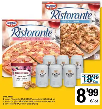 BonpreuEsclat Lot Amb: 2 pizzes Ristorante Dr. Oetker, 1 Terrina de Geklat Häagen-Dazs und 6 Cerveses Turia, 330 ml oferta