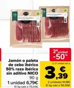 Carrefour Market NICO Jamón o paleta de cebo ibérico 50% raza ibérica sin aditivo oferta