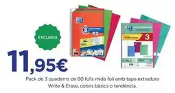 Hipercor Pack de 3 quaderns de 80 fulls foli amb tapa extradura write & erase, colors basics o tendencia oferta