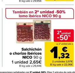 Carrefour NICO Salchichón o chorizo ibéricos oferta
