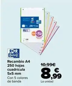 Carrefour Oxford - recambio a4 250 hojas cuadricula 5 x 5 mm oferta