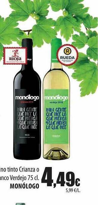 Spar Tenerife Vino Tinto Crianza O Blanco Verdejo Monólogo oferta