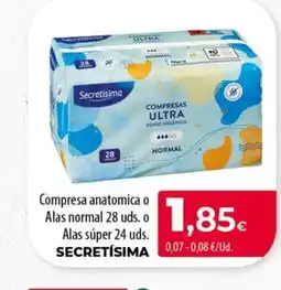 Spar Tenerife SECRETÍSIMA Compresa anatomica Alas normal 28 uds. o Alas súper 24 uds oferta