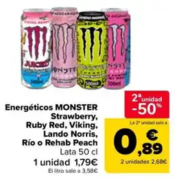 Carrefour Market Energéticos MONSTER Strawberry, Ruby Red, Viking, Lando Norris, Río o Rehab Peach oferta