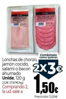 Unide Supermercados Lonchas de chorizo, jamón cocido, salami o bacon ahumado oferta
