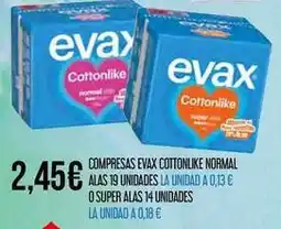 Claudio Evax - compresas cottonlike normal alas 19 unidades la unidad a 0,13 o super alas 14 unidades oferta