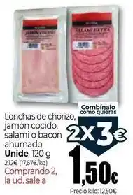 Unide Supermercados Unide - lonchas de chorizo, jamon cocido, salami o bacon ahumado oferta