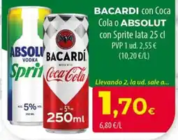 Spar La Palma Bacardi con Coca Cola o Absolut con Sprite oferta