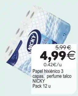 Plenus Supermercados Nicky papel hixiènico 3 capas, perfume talco oferta