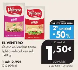 Supermercados Lupa El Ventero queso en lonchas tierno, light o reducido en sal oferta