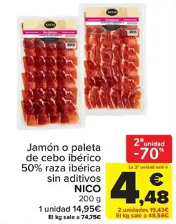 Carrefour Nico jamón o paleta de cebo ibérico 50% raza ibérica sin aditivos oferta