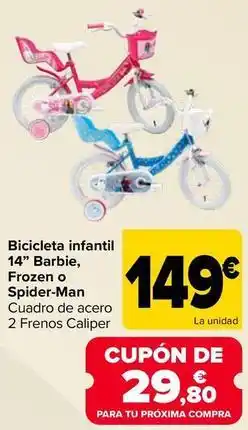 Carrefour Bicicleta infantil 14 barbie frozen o spider-man oferta