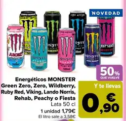 Carrefour MONSTER Energéticos Green Zero, Zero, Wildberry, Ruby Red, Viking, Lando Norris, Rehab, Peachy o Fiesta oferta