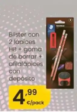 Eroski Blister con 2 lápices HB+ goma de borrar + afilalápices con depósito oferta