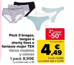 Carrefour TEX Pack 3 bragas, tangas o shorty lisos o fantasía mujer oferta