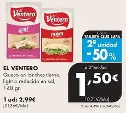 Supermercados Lupa El ventero - queso en lonchas tierno light o reducido en sal oferta