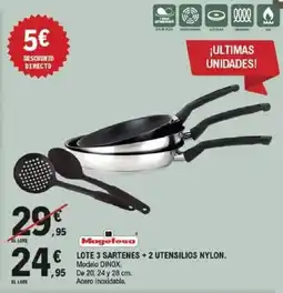 E.Leclerc Magefesa lote 3 sartenes + 2 utensilios nylon. modelo dinox. oferta