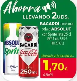 SPAR Lanzarote Bacardí con Coca cola o Absolut con Sprite lata oferta