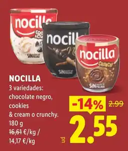Lidl nocilla 3 variedades: chocolate negro, cookies & cream o crunchy oferta