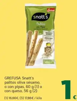 HiperDino Grefusa Snatt's palitos oliva sésamo, o con pipas, o con queso oferta