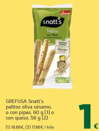 Grefusa Snatt's palitos oliva sésamo, o con pipas, o con queso