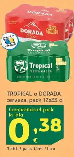 HiperDino Tropical o Dorada cerveza oferta