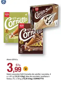 BonpreuEsclat Cornetto gelat cucurutxo soft de vainilla i xocolata max de xocolata i avellana o festuc oferta