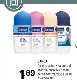 Coviran SANEX Desodorante extra control, invisible, sensitive o men active control roll-on oferta