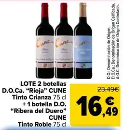 Carrefour Cune tinto crianza + 1 botella d.o. ribera del duero tinto roble oferta