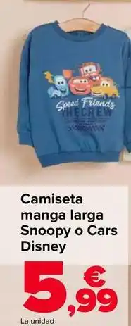 Carrefour Camiseta manga larga snoopy o cars disney oferta