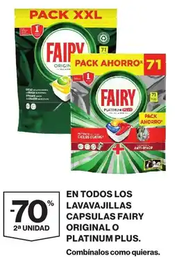 Hipercor Fairy en todos los lavavajillas capsulas original o platinum plus oferta