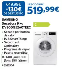Costco Samsung secadora 9 kg dv90dg52aoteec oferta