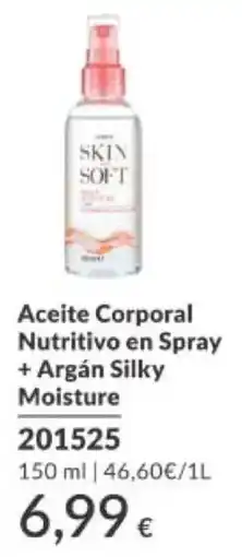 AVON Skin Soft Aceite Corporal Nutritivo en Spray + Argán Silky Moisture oferta