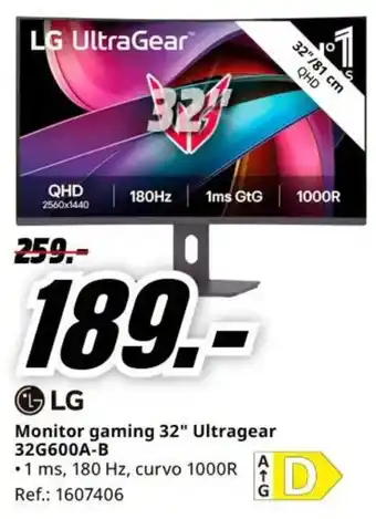 MediaMarkt lg monitor gaming 32 ultragear 32g600a-b oferta