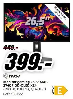 MediaMarkt msi monitor gaming 26,5" mag 274qp qd-oled x24 oferta