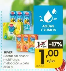 Eroski Juver nectar sin azúcar multifruta, melocotón o piña oferta