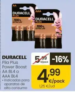 Eroski Duracell pila plus power boost aa bl4 o aaa bl4 oferta