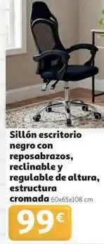 Alcampo Sillón escritorio negro con reposabrazos, reclinable y regulable de altura, estructura cromada oferta