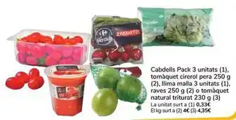 Cabdells, tomàquet cirerol pera, ilima malla, raves, o tomàquet natural triturat