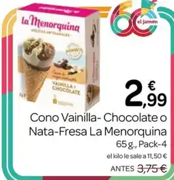 Supermercados El Jamón la Menorquina cono vainilla-chocolate o nata-fresa oferta
