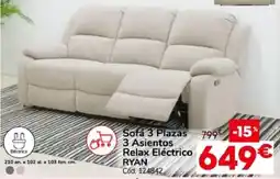 Conforama Ryan sofá 3 plazas 3 asientos relax eléctrico oferta