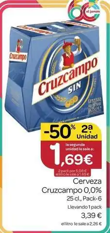 Supermercados El Jamón Cruzcampo - cerveza 0,0% oferta