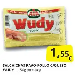 Supermercados MAS Wudy salchichas pavo-pollo c/queso oferta