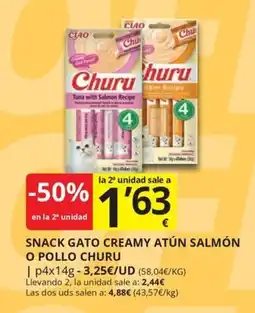 Supermercados MAS Churu snack gato creamy atún salmón o pollo oferta