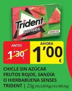 Supermercados MAS trident chicle sin azúcar frutos rojos, sandía o hierbabuena senses oferta