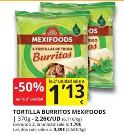 Supermercados MAS Mexifoods tortillas de trigo burritos oferta