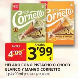 Supermercados MAS Cornetto helado cono pistacho o choco blanco y mango oferta